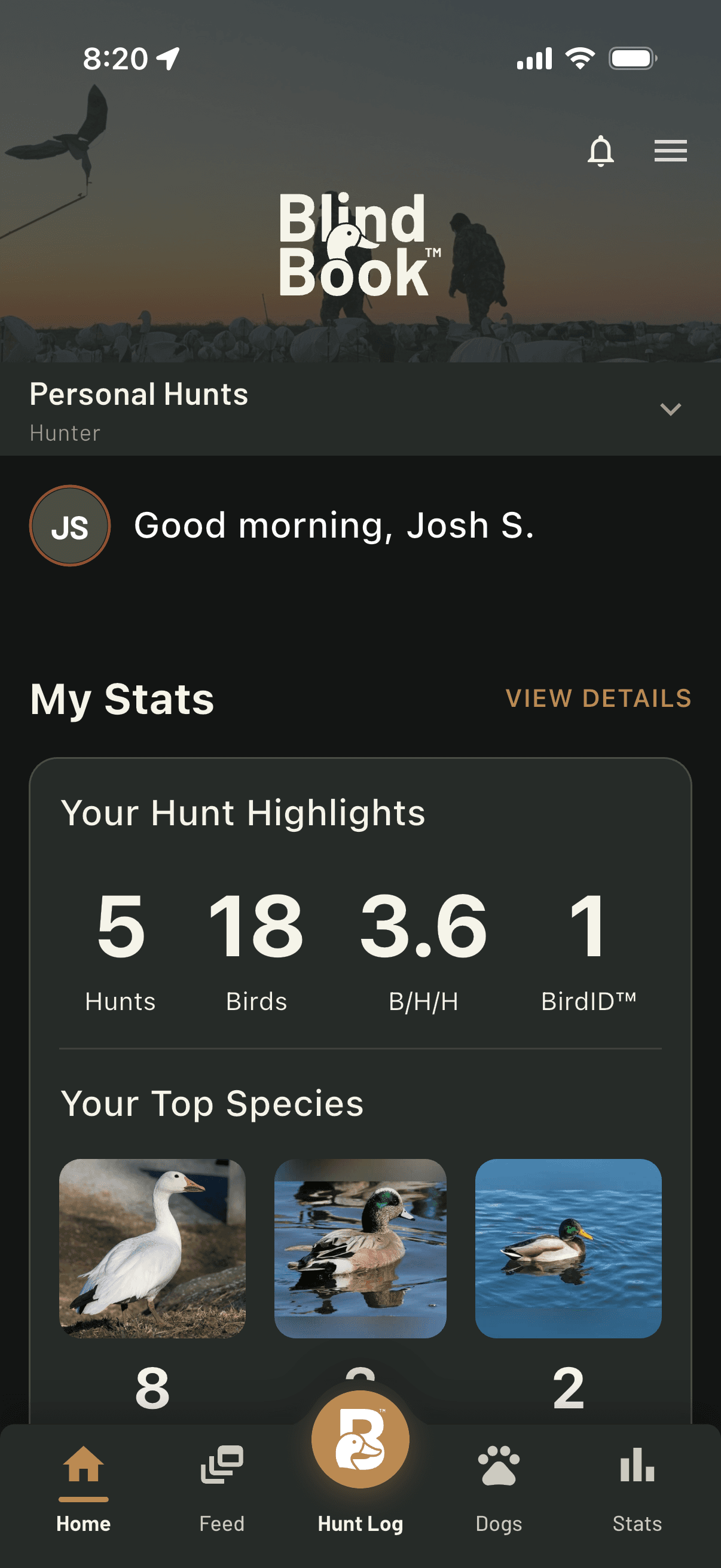 Personal hunt stats and top species